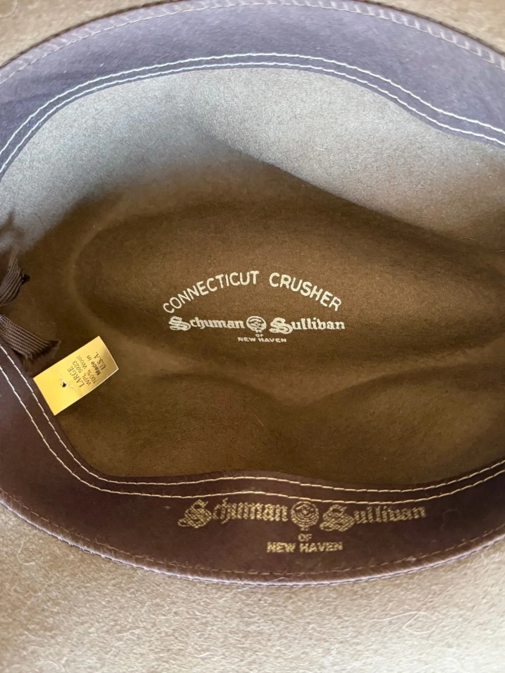 Schuman & Sullivan of New Haven Connecticut Crusher Brown Wool Fedora Sz L Exc